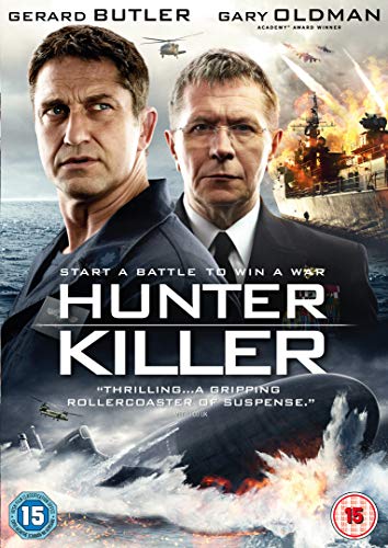DVD cover for "Hunter Killer" featuring two men and a naval battle scene.