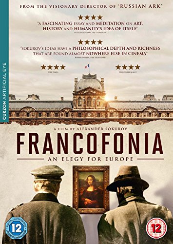 DVD cover for "Francofonia" with men viewing the Mona Lisa, Louvre above.