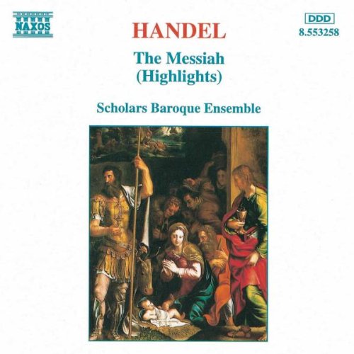 "CD cover featuring Nativity scene painting, titled 'Handel: The Messiah (Highlights)'".