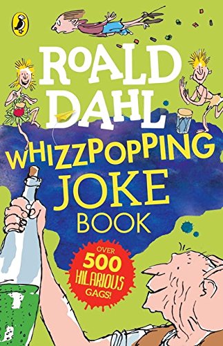 "Book cover with cartoon illustrations, green background, and title 'Roald Dahl Whizzpopping Joke Book'."