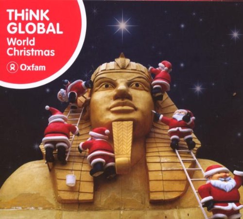 "CD cover featuring a golden statue with multiple Santas climbing on it, against a starry background."