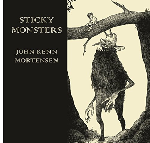 "Black and white illustration of a child on a tree branch above a monster."