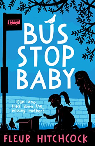 "Book cover with 'Bus Stop Baby' title, silhouetted girl and woman, against blue brick wall background."