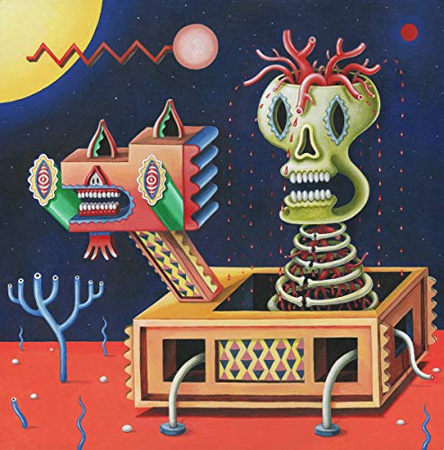 The image depicts a surreal, abstract artwork featuring a skull and a box-like structure.