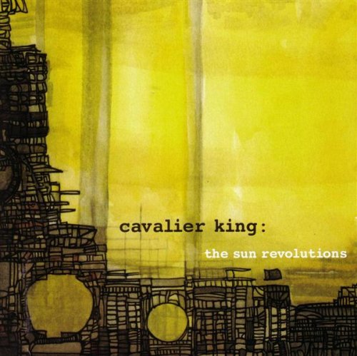 "Album cover with yellow background, black line drawings, and text 'Cavalier King: The Sun Revolutions'."