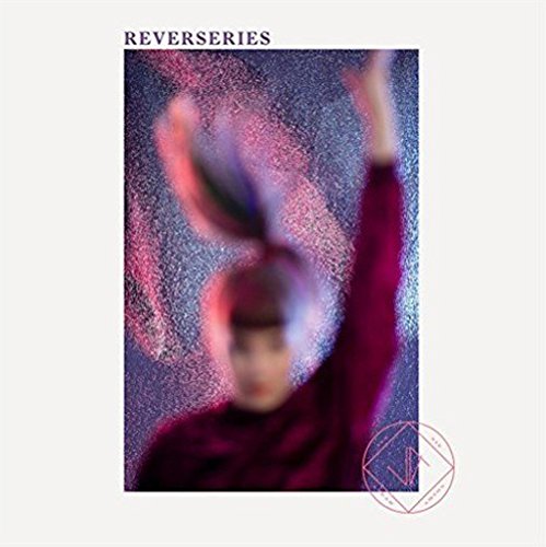 The image shows a blurry woman in a red shirt with raised arms against a purple background.