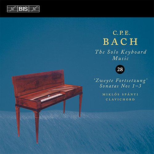 CD cover with a clavichord on blue background, featuring C.P.E. Bach's solo keyboard music.