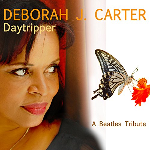 "Album cover with a woman's face and a butterfly on a flower."