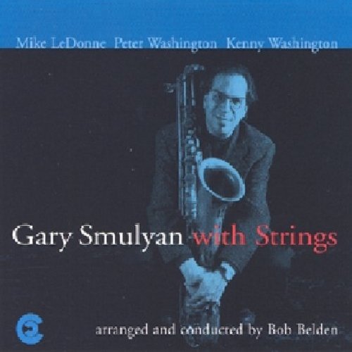 "Album cover with a man holding a saxophone, dark background, blue and red text."