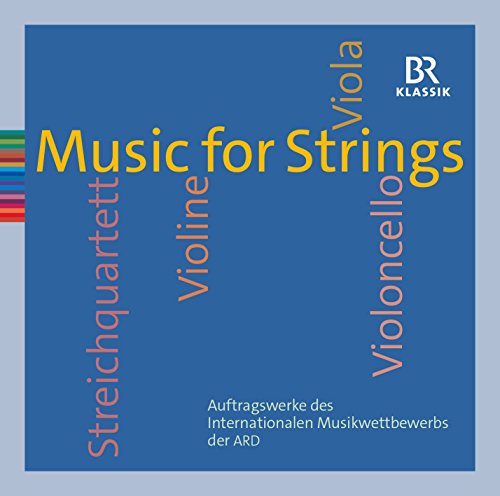 "Blue CD cover with 'Music for Strings' in yellow, string instrument names in orange."
