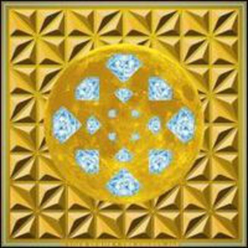 The image depicts a vibrant, abstract artwork featuring a central circle with a gradient of orange and red hues, surrounded by a pattern of blue diamonds. The background is composed of geometric shapes in shades of yellow and brown, arranged in a repeating pattern. At the bottom of the image, the text "YOUR DEMISE - THE GOLDEN AGE" is displayed in small, yellow font. Alt text: "Album cover with orange circle and blue diamonds on yellow geometric background."