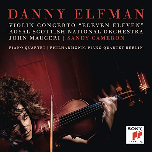 "Danny Elfman CD cover featuring a woman playing violin against a dark red background."