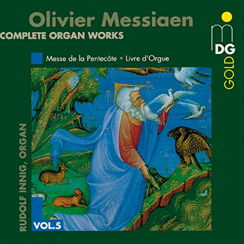 Dark green CD cover with saint illustration and white doves, titled "Olivier Messiaen".