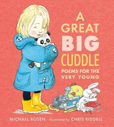 "Children's book cover featuring a child hugging a panda, with toys on a red background."