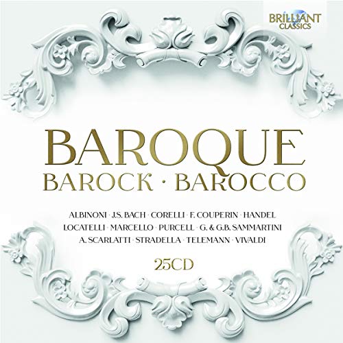 "CD cover with white ornate frame and gold text 'BAROQUE' on a white background."