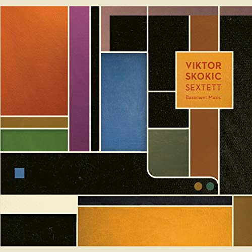 "Album cover with abstract geometric shapes and orange title box."