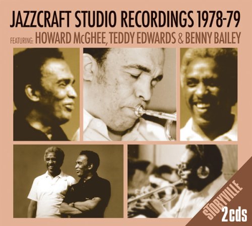 "CD cover with sepia-toned photos of five jazz musicians on peach background."