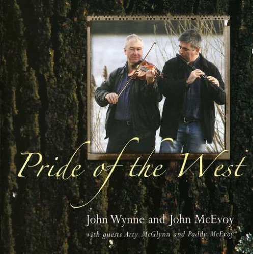 "CD cover with two men playing instruments, set against a tree bark background."