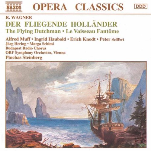 "Sailing ship near rocky shore, mountains in background, on a classical music CD cover."