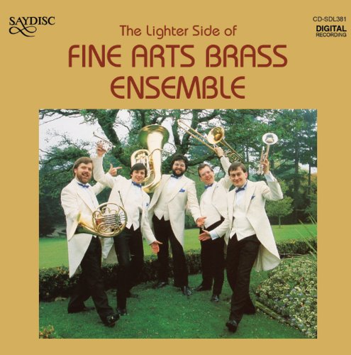 "CD cover with five men in white jackets holding brass instruments on a yellow background."