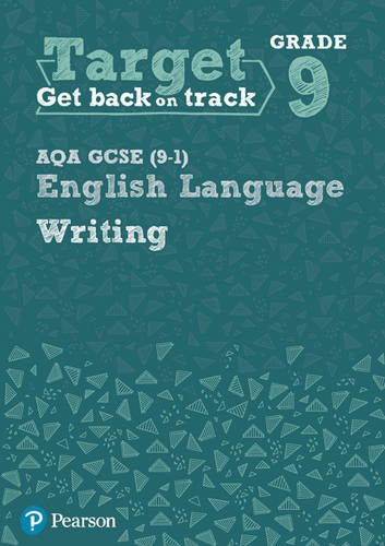 The image shows a teal workbook cover with "Target Grade 9 Writing" and "Pearson" logo.
