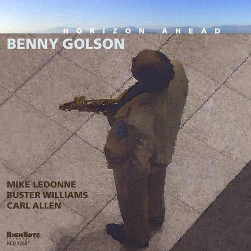 "CD cover with a silhouette of a man holding a saxophone."
