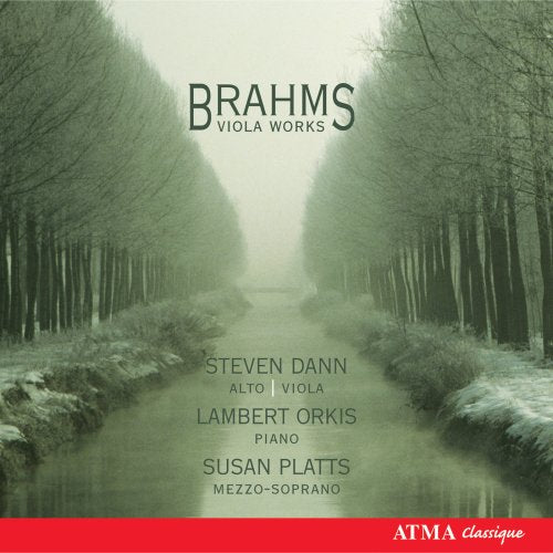 "Brahms Viola Works" CD cover featuring a foggy forest path and performer names.
