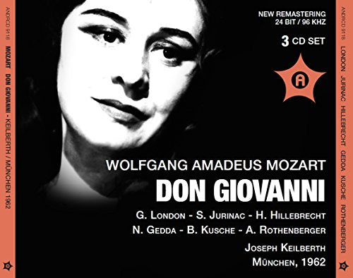 Black and white CD cover with a woman's face and text about Mozart's "Don Giovanni".