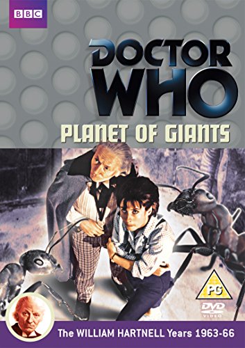 "Doctor Who: Planet of Giants DVD cover featuring the Doctor and companion with giant creatures."