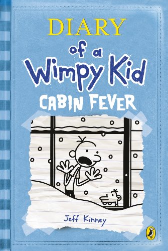 "Blue book cover with cartoon boy looking out window, titled 'Diary of a Wimpy Kid: Cabin Fever'."