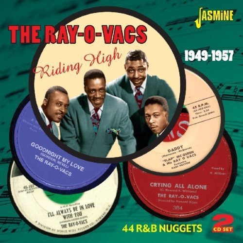 CD cover with four men in suits and vinyl records on green background.