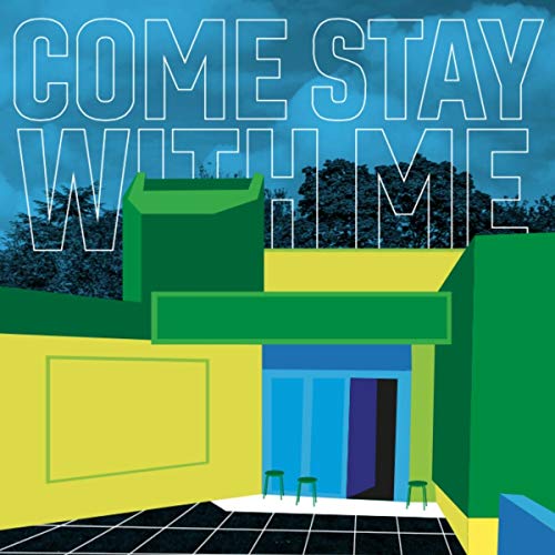 "Vinyl record cover art featuring a modernist building with colorful walls and stools."