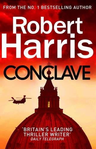 The image depicts the cover of the book "Conclave" by Robert Harris. Alt text: Book cover with domed building, helicopter, and red sky.