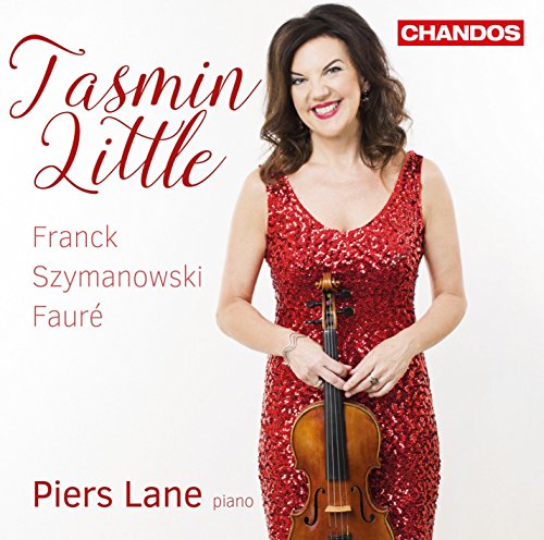 A woman in a red dress holds a violin, on a white background.
