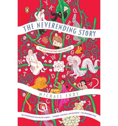 The image depicts the cover of "The Neverending Story" by Michael Ende. #### Alt Text: Red book cover with illustrations and title "The Neverending Story" by Michael Ende.