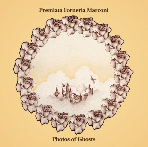 "Album cover with beige background, floral wreath, and cloudy scene, titled 'Photos of Ghosts'."