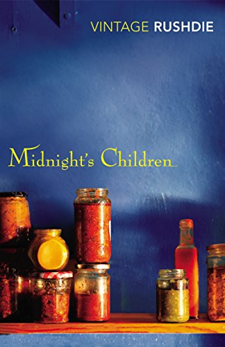 "Red book cover with 'Midnight's Children' in white and 'Salman Rushdie' in yellow."