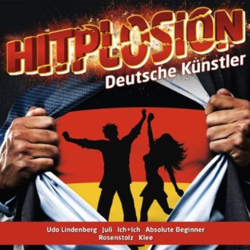 "CD cover with 'Hitplosion' title and German flag, featuring silhouettes of two dancing people."