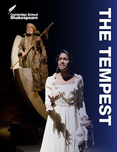Book cover for "The Tempest" featuring a woman in white dress and two men.