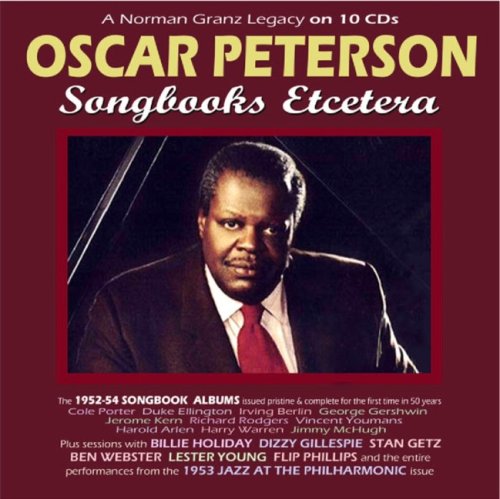 Red album cover with Oscar Peterson's photo and text describing the CD collection.