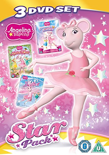 "Animated mouse in pink ballet attire surrounded by DVDs on a pink starry background."