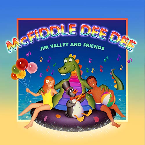 "CD cover art featuring cartoon characters on an inflatable, surrounded by music notes and balloons."