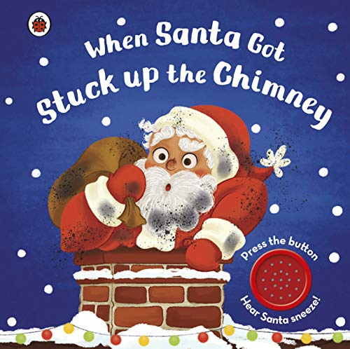 "Children's book cover showing cartoon Santa Claus stuck in a chimney with a press button."