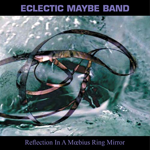 "Album cover with twisted metal ribbon in a broken mirror, blue-green background."