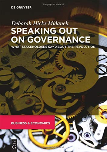 "Book cover with clockwork gears and title 'Speaking Out on Governance' in white text."