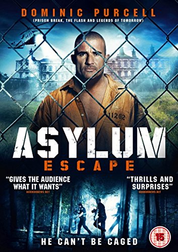 The DVD cover for "Asylum Escape" features a man behind a chain-link fence.