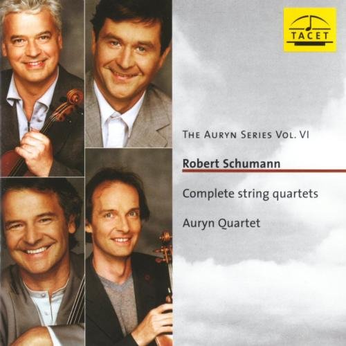CD cover with four men holding string instruments, cloudy background, and yellow logo.