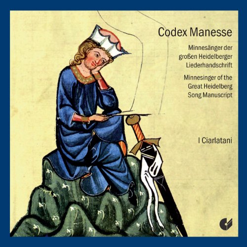 CD cover with medieval illustration of a man writing on a tablet, wearing blue.