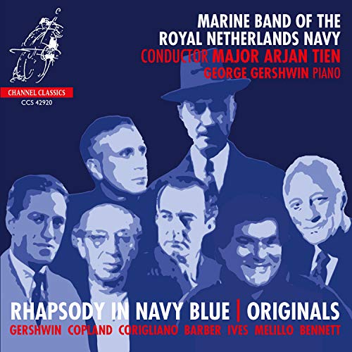 "CD cover featuring blue-toned portraits of seven men in formal attire."