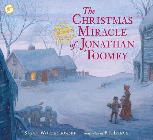"Book cover: 'The Christmas Miracle of Jonathan Toomey' with snowy village scene and figures."